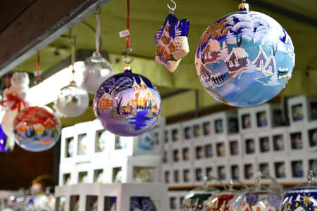 Florence, ITALY - 8th December 2018: Painted Christmas balls in a Christmas market in Florence, Italy.のeditorial素材