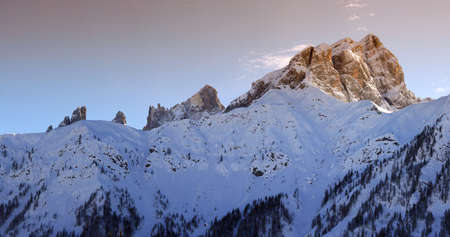 Dolomitic group of Pale di San Martino as seen from Passo Valles on the Italian Alps. The Pale di...