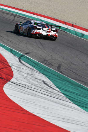 Italy - 29 March, 2019: Ferrari 488 GT3 of Wochenspiegel Team Monschau Germany driven by David Perel/Nico Menzel/Oliver Kainz/Leonard Weiss in action during 12h Hankook Race at Mugello Circuit.のeditorial素材