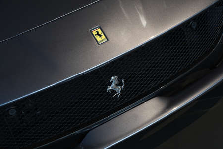 Mugello Circuit, 25 October 2019: Detail of Logo Ferrari on Ferrari model 812 GTS on display during...