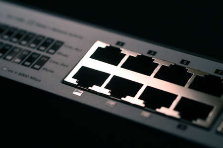 Detail of Network Switches rj45 ports. Macro shotの写真素材