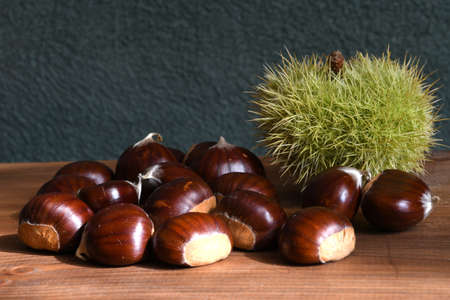 Closeup of chestnuts and curly on wooden background. Raw chestnuts for Christmas.の写真素材