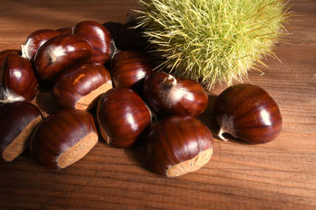 Closeup of chestnuts and curly on wooden background. Raw chestnuts for Christmas.の写真素材