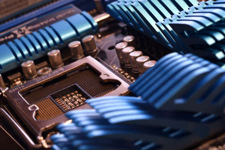 Close-Up of CPU Socket on a Modern Computer Motherboard. Electronic Small Component Details.