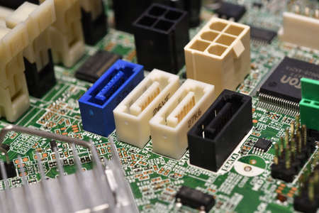 Detail of SATA ports on Modern Computer Motherboard.