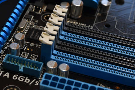 Detail of RAM memory connector slot on modern PC computer motherboard.の写真素材