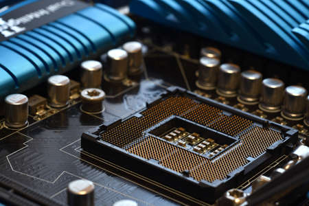 Close-Up of CPU Socket on a Modern Computer Motherboard. Electronic Small Component Details.