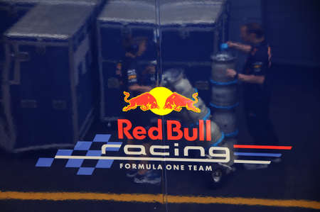 MUGELLO, ITALY - MAY 2012: detail of the Red Bull Racing Team logo on Team Truck. Official Test Days on Mugello Circuit, Italy.のeditorial素材