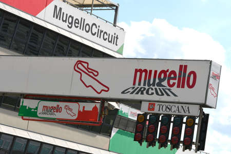 Scarperia, Mugello - 28 August 2020: logos of the Mugello International Circuit at Scarperia (Florence) on the occasion of the Ferrari Racing Days 2020.のeditorial素材