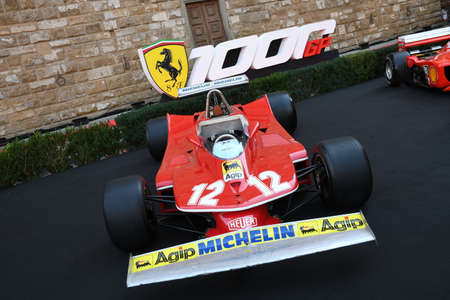 Florence, September 2020: Historic Ferrari 312 T4 cars on display during the Ferrari 1000 GP Show in Piazza della Signoria in Florence on the occasion of the 1st Formula 1 GP in Tuscany. Italy.のeditorial素材