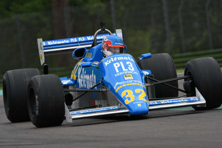 Imola, IT, May, 2017: Historic 1983 Osella FA1E Alfa Romeo F1 in action during Minardi Historic Day 2017 into the Imola Circuit in italy.のeditorial素材