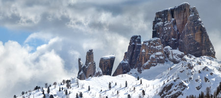 Beautiful view of Cinque Torri mountain group (Five Towers group) in Winter Season in the Italian Dolomites near Cortina d'Ampezzo. Veneto, Italy.の写真素材