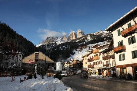 Campitello di Fassa, February 2014: Beautiful view of the Sassolungo dolomite group seen from Campitello di Fassa. South Tirol in Italy.のeditorial素材