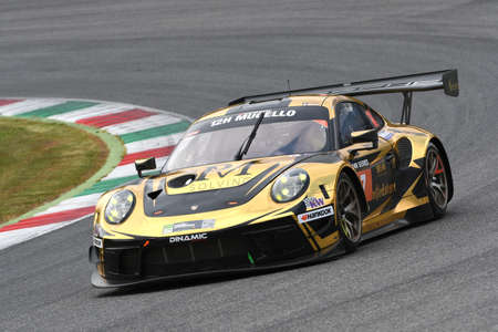 Scarperia, 25 March 2021: Porsche 911 GT3 R of DINAMIC MOTORSPORT Team driven by Pampanini-Calamia-Jacoma in action during 12h Hankook Race at Mugello Circuit in Italy.のeditorial素材