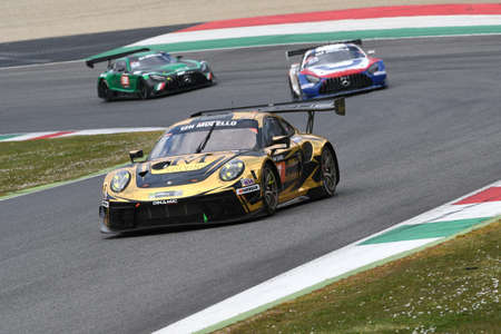 Scarperia, 25 March 2021: Porsche 911 GT3 R of DINAMIC MOTORSPORT Team driven by Pampanini-Calamia-Jacoma in action during 12h Hankook Race at Mugello Circuit in Italy.のeditorial素材