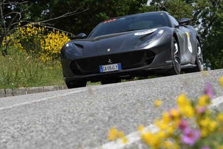 Panzano in Chianti, Italy 18 june 2021: unknown drives a Ferrari 812 Superfast 2020 during Ferrari Tribute Mille Miglia 2021. Italyのeditorial素材