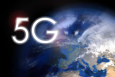Earth and 5G, Concept. Illustration. Fifth generation radio wave communication technology.