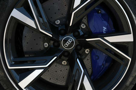 Mugello Circuit, July 2021: Detail of the alloy wheels on a Sports Audi Car in the paddock of the...