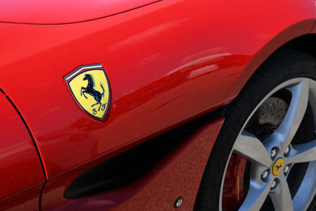 Mugello Circuit, July 2021: Detail of Ferrari Logo on the Ferrari Portofino on display in the...