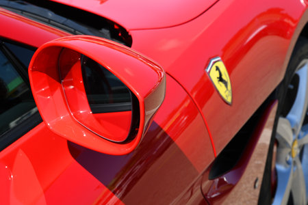 Mugello Circuit, July 2021: Detail of the rear view mirror of the Ferrari Portofino on display in the paddock of the Mugello circuit, Italy.のeditorial素材
