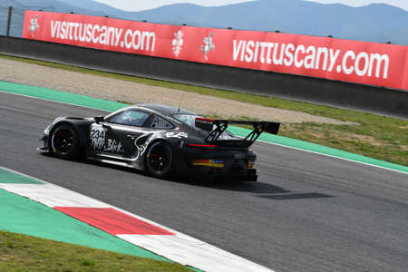 Mugello Circuit, Italy - 23 September 2021: Porsche 911 GT3 R in action at Mugello Circuit during Porsche Sport Cup Suisse event 2021 driven by unknown. Italy.のeditorial素材
