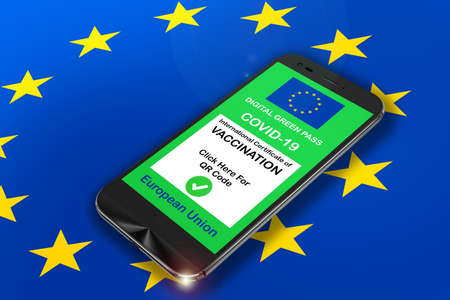 smartphone with the digital green pass of the European Union with the QR code on the screen with a...