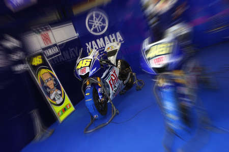 Mugello - Italy, May 30 2008: Yamaha M1 of rider Valentino Rossi in the box during 2008 MotoGP GP of Italy on Mugello Circuit. Italyのeditorial素材