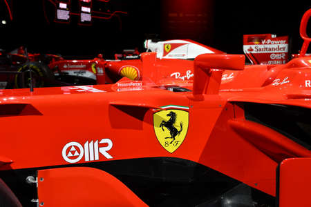 Scarperia, Mugello - 19 November 2021: detail of Ferrari emblem on Formula 1 cars on display during Finali Mondiali Ferrari 2021 at Mugello Circuit in Italy.のeditorial素材