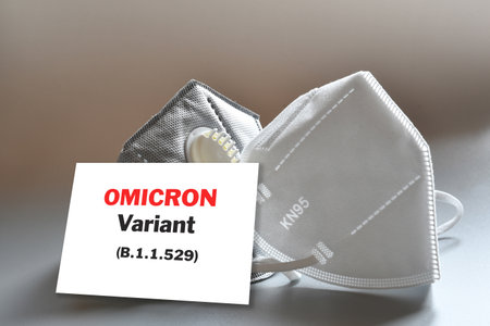 Covid-19 Omicron variant. Text "Omicron Variant" with many protection masks. Concept of protection from the new Omicron variant.の写真素材