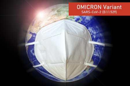World pandemic due to a new variant of the Covid-19 virus. The Earth with a protection mask....