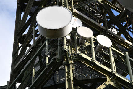 Detail of the telecommunication tower. Telecommunication tower with TV antennas and antennas for...