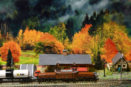 Florence, January 2022: model train in miniatures. Model railway. Miniature model of train on a...