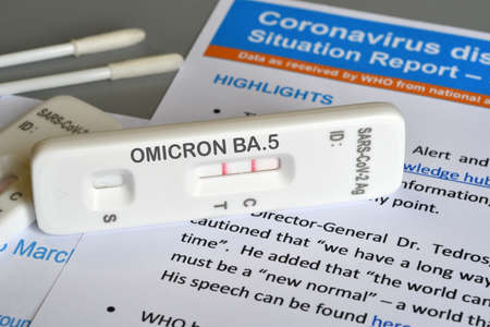 SARS â€‘ CoV â€‘ 2 antigen test kit for self testing with positive result and text OMICRON...