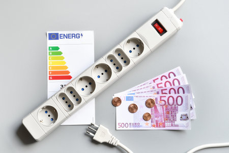 Euro banknotes and cents with power plug of an extension socket and energy efficiency rating table on gray surface. Concept for the rising cost of electricity. Expensive energy bill and rising electricity prices.の写真素材