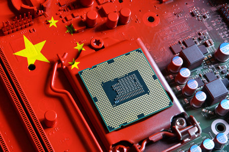 Flag of the Republic of China on a red painted pc motherboard with a CPU. Concept for supremacy in global microchip and semiconductor manufacturing. Italyの写真素材