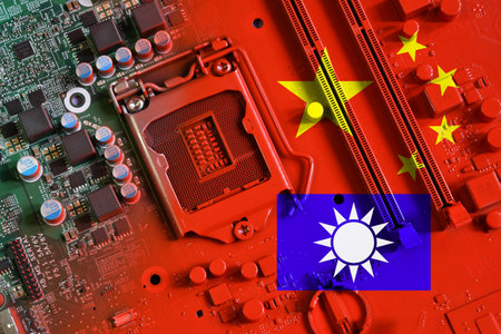 Taiwan and Republic of China flag on a red painted PC motherboard. Concept for supremacy in global microchip and semiconductor manufacturing. Italyの写真素材