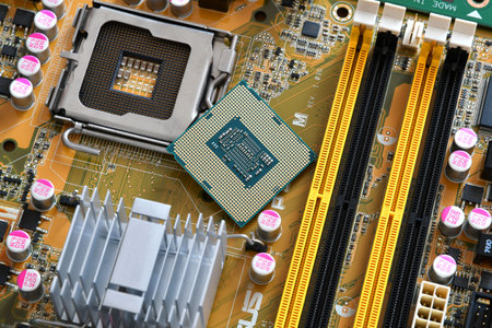 Detail of CPU on a PC Motherboard. High tech technology background