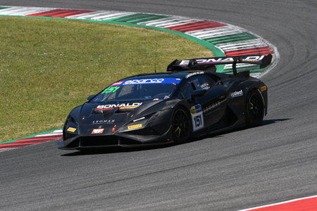 Scarperia, 7 July 2023: Lamborghini Huracan SuperTrofeo of Team BONALDI MOTORSPORT srl drive by Fischbaum Michael and Pavlovic Milos in action during practice of Italian Championship at Mugello Circuit. Italy.のeditorial素材