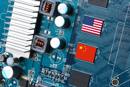 Flag of the Republic of China and the United States on microchips of a printed electronic board. Concept for world supremacy in microchip and semiconductor manufacturing.の写真素材