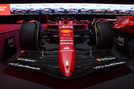 Scarperia, Mugello - 28 October 2023: Ferrari F1-75 of Charles Leclerc and Carlos Sainz on display during Ferrari World Finals 2023 at Mugello Circuit in Italy.のeditorial素材
