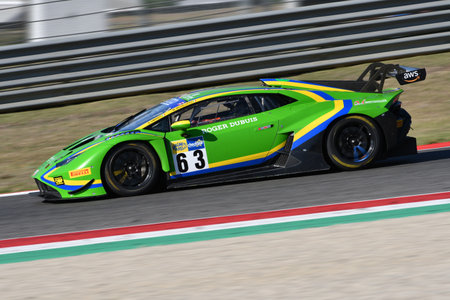 Scarperia, 29 September 2023: Lamborghini Huracan Evo 2 of team Vsr driven by Liberati Edoardo and Michelotto Mattia in action during practice of Italian Championship at Mugello Circuit. Italy.のeditorial素材