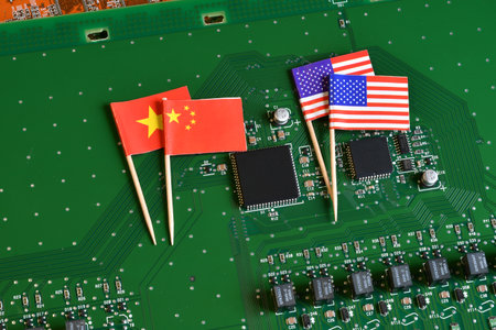 Flag of the Republic of China and the United States on microchip of a PC Motherboard. Concept for world supremacy in microchip and semiconductor manufacturing.の写真素材