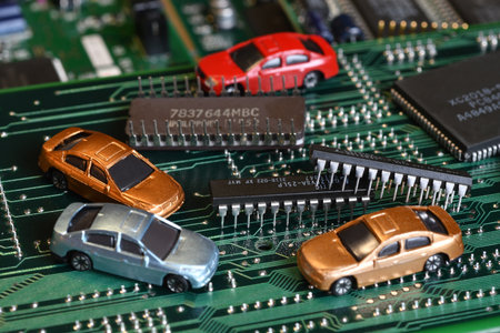 Toy cars on electronic board and microchip. The shortage of microchips and semiconductors creates a...