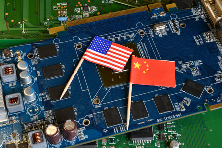 Flag of the Republic of China and the United States on microchips of a printed electronic board....
