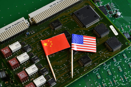 Flag of the Republic of China and the United States on microchips of a printed electronic board....