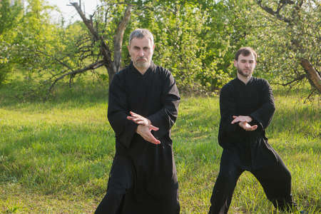 two man practice tai Chi in a Parkの写真素材