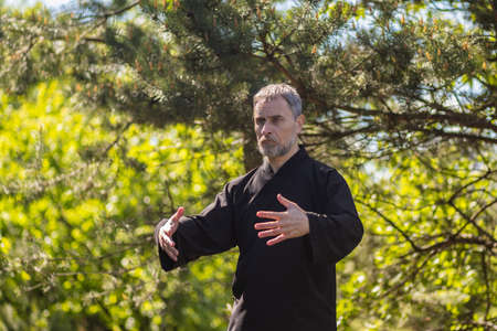 male tai Chi master practices qigong in nature in a Parkの写真素材