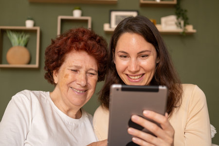 Portrait of a modern happy grandmother and granddaughter sitting in the living room during the day...