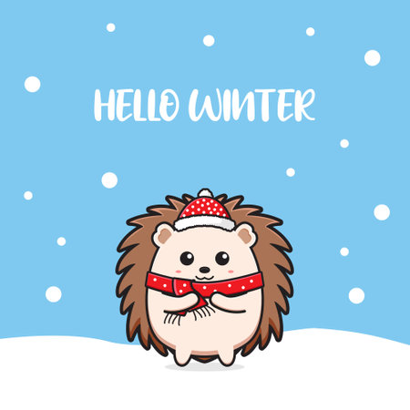 Cute hedgehog greeting hello winter cartoon doodle card background illustration flat cartoon styleのイラスト素材