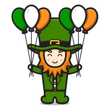 Cute leprechaun saint patrick day character holding balloon cartoon vector icon illustration. Saint Patrick's Day icon concept isolated vector. Flat cartoon styleのイラスト素材